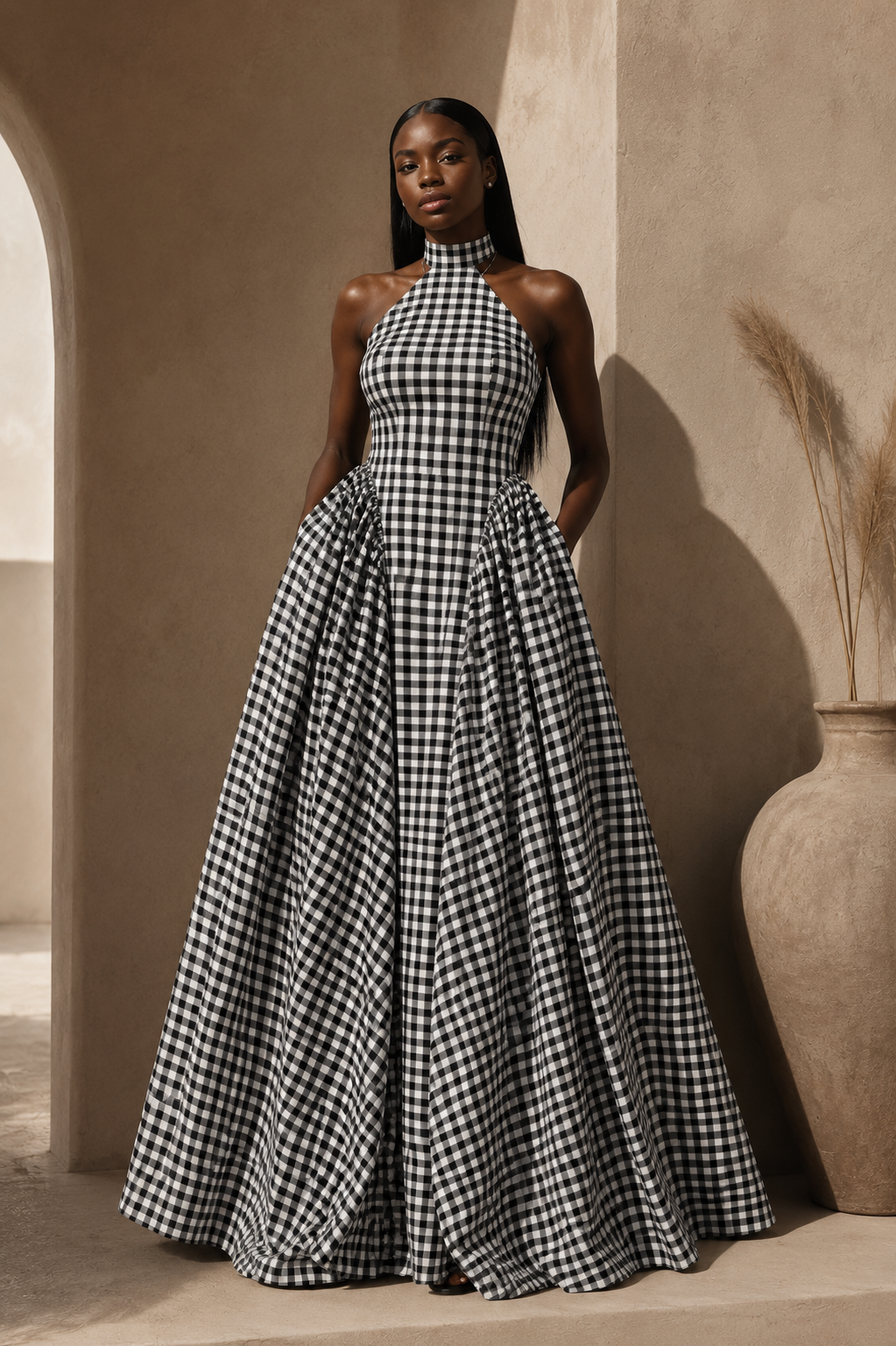 Robe Éléna — Vichy Noir & Ivoire