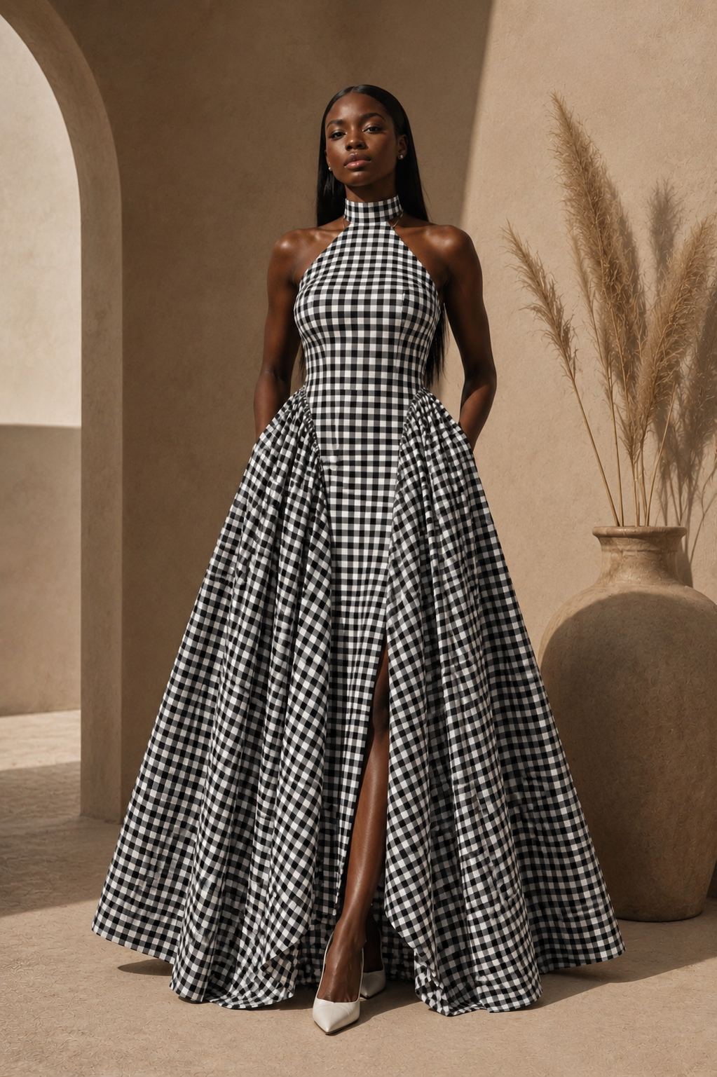 Robe Éléna — Vichy Noir & Ivoire